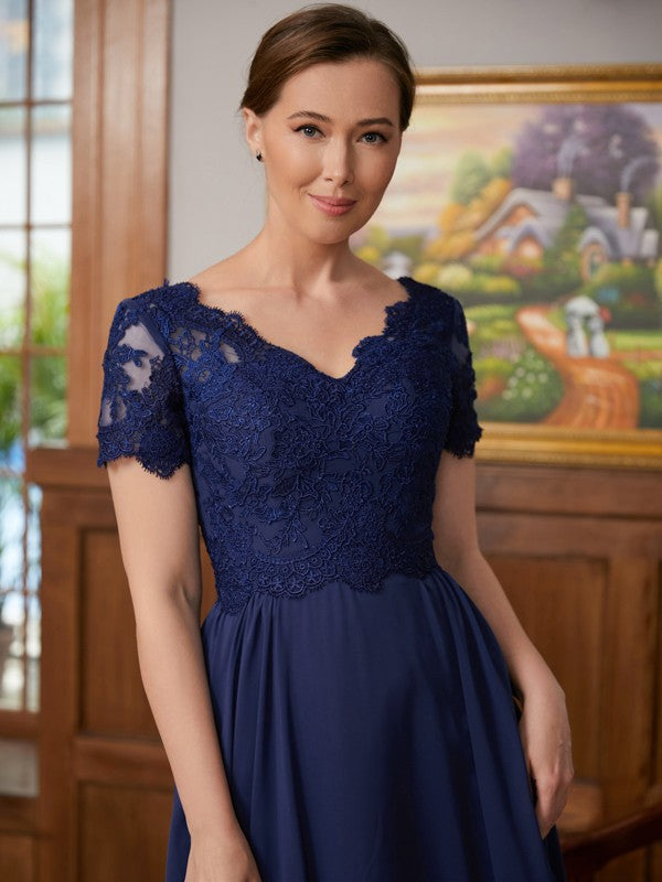 A-Linie/Princess-Linie Chiffon Spitze V-Ausschnitt Kurze Ärmel Bodenlang Kleider für die Brautmutter