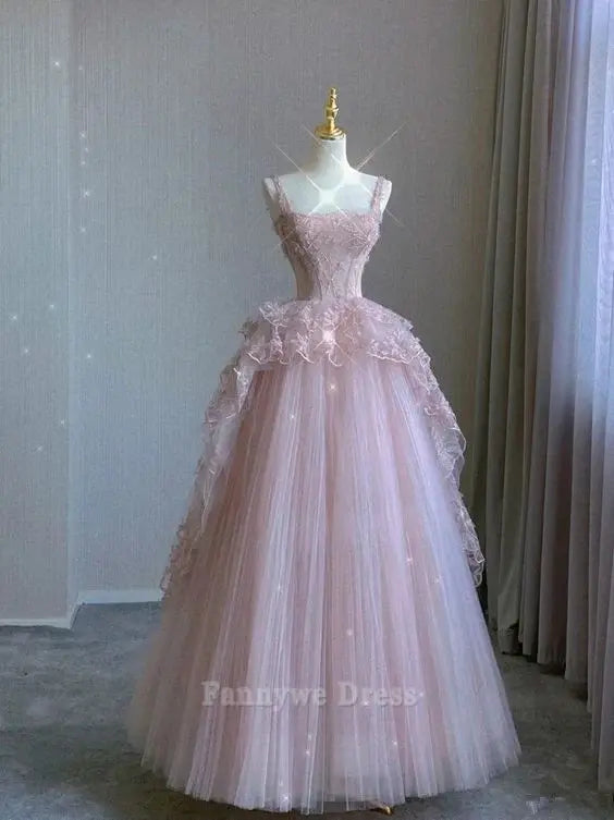 Vestido formal largo rosa de tul con encaje elegante de corte A, vestido de dama de honor, vestido de noche, vestido de fiesta