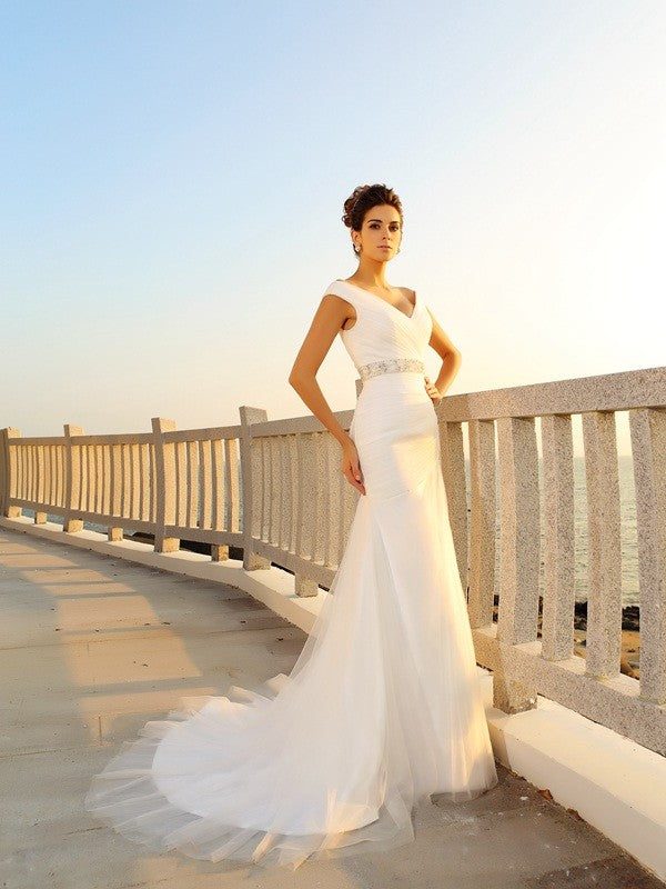 Vestidos de novia de playa con escote en V, pliegues, sin mangas, de red larga