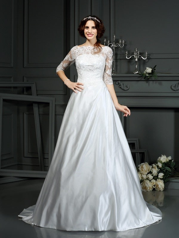 A-Linie/Princess-Linie Bateau-Ausschnitt Spitze 1/2 Ärmel Lang Satin Brautkleider