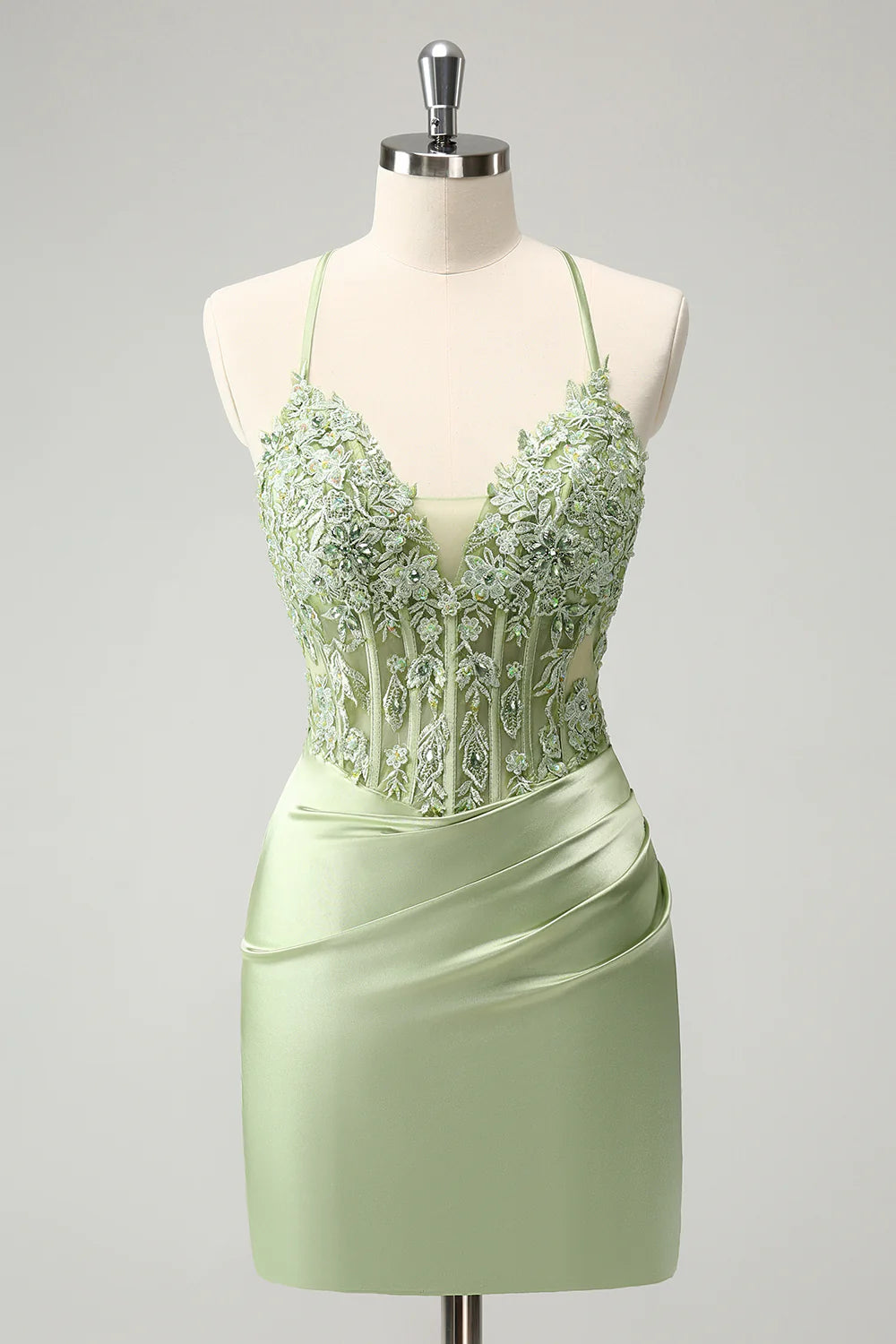 Glitter Spaghetti Straps Beaded Appliques Tight Corset Homecoming Dress