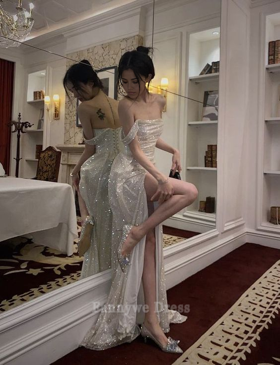 Mermaid Shinny One Shoulder formal dresses Bridesmaid Dresses evening gown Prom Dress With High Slit