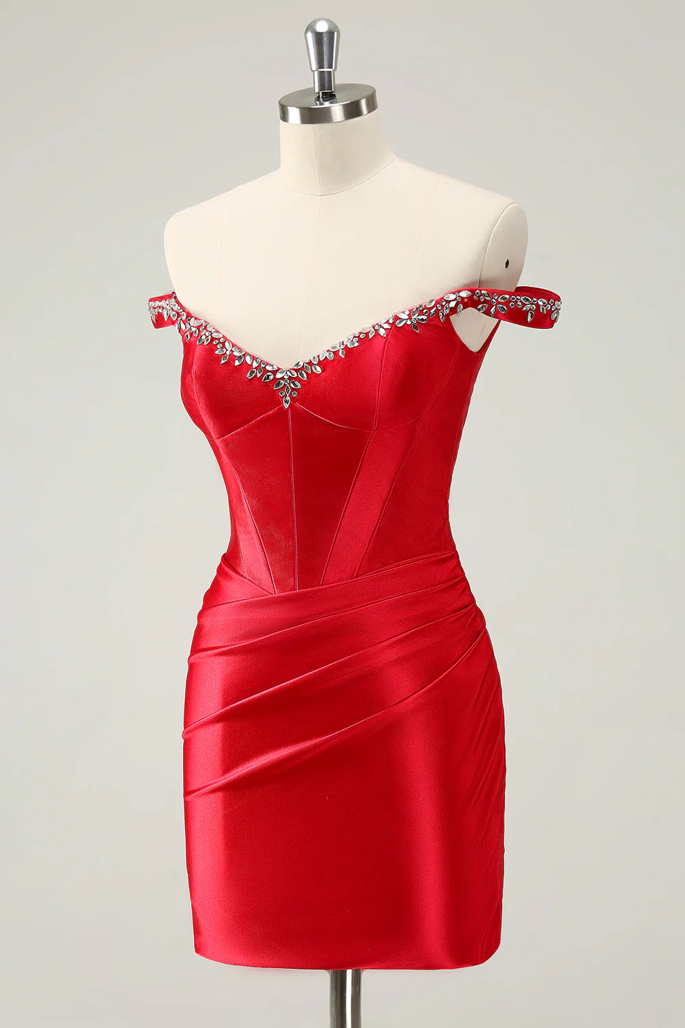 Glitter Beaded Off the Shoulder Satin Tight Homecoming Dress