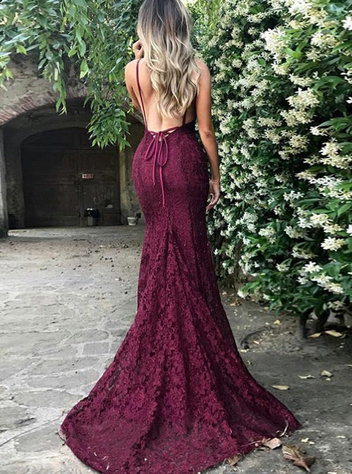 Vestidos de fiesta de sirena con escote en V, encaje, tirantes finos y cola