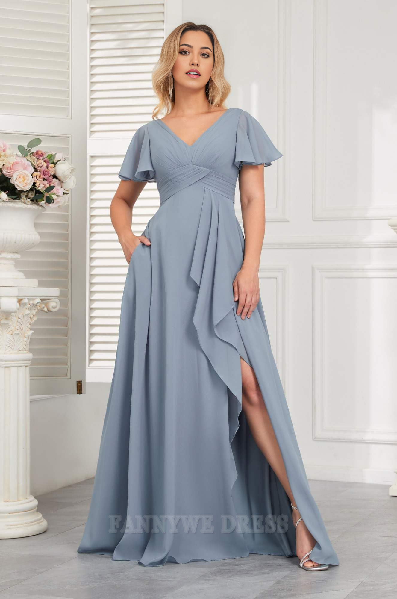 A Line V Neck Flutter Sleeve Chiffon formal dresses Bridesmaid Dresses evening gown Prom Dress With Side Slit