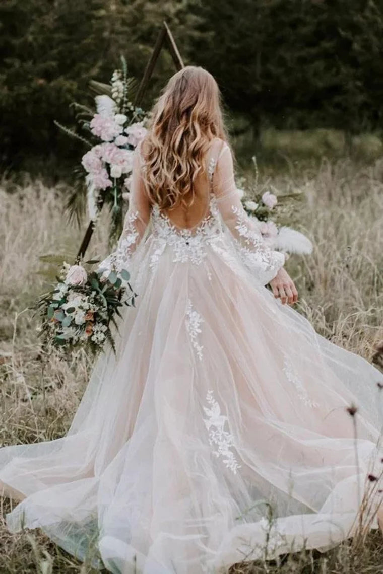 Beach A-line Princess V Neck Long Sleeves Lace Appliques Tulle Wedding Dresses