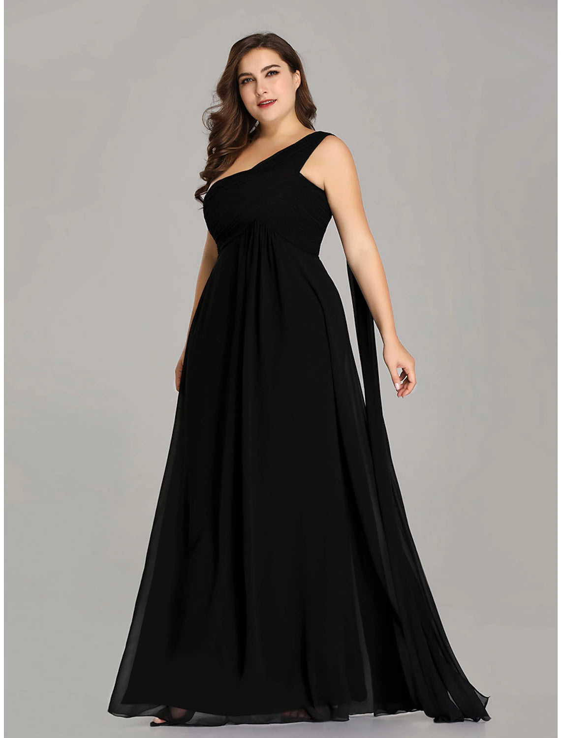 Vestido de noche corte A, estilo imperio, formal, largo hasta el suelo, sin mangas, con un hombro descubierto, de gasa, para dama de honor, con espalda descubierta y pliegues drapeados.