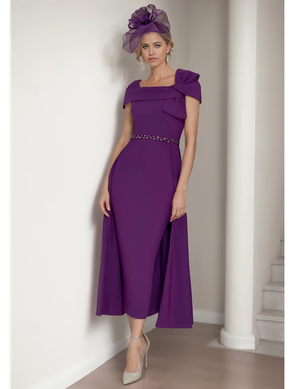 Sheath / Column Mother of the Bride Dress Elegant Square Neck Tea Length Stretch Fabric Short Sleeve with Bow(s) Tier Solid Color free custom size