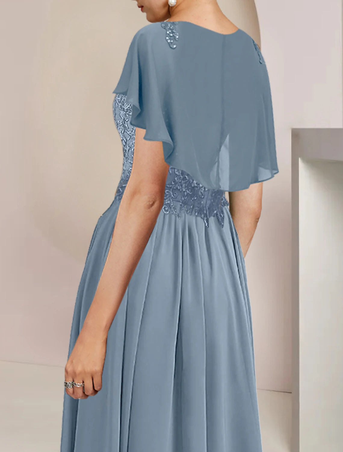 A-Linien-Kleid für die Brautmutter, elegant, U-Ausschnitt, knielang, Chiffon, Spitze, ärmellos, mit Perlenapplikationen