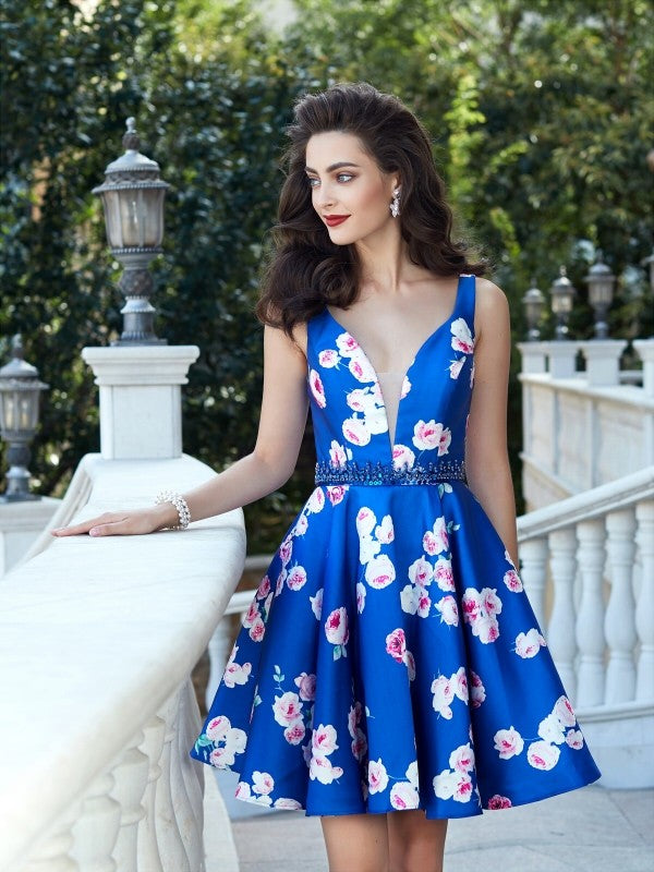 A-Line Satin Straps Sleeveless Short/Mini With Crystal Dresses