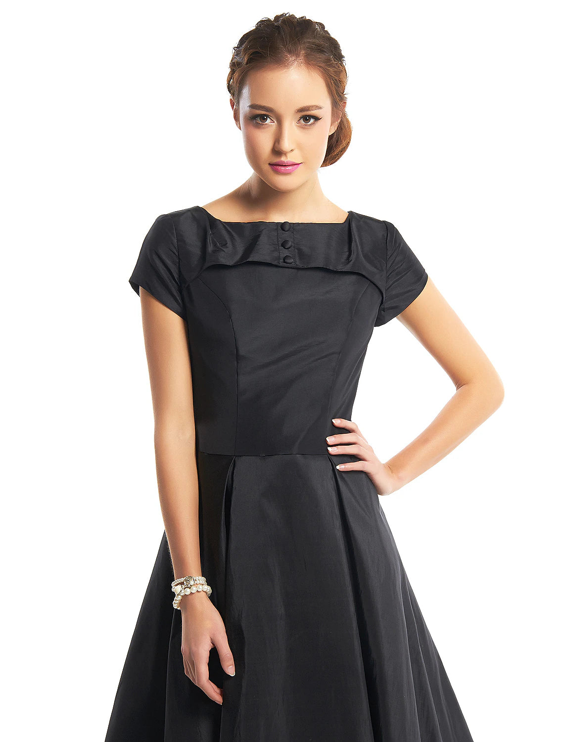 A-Linie Vintage Kleid Homecoming Tee Länge Kurzarm Boot-Ausschnitt Taft mit Knöpfen