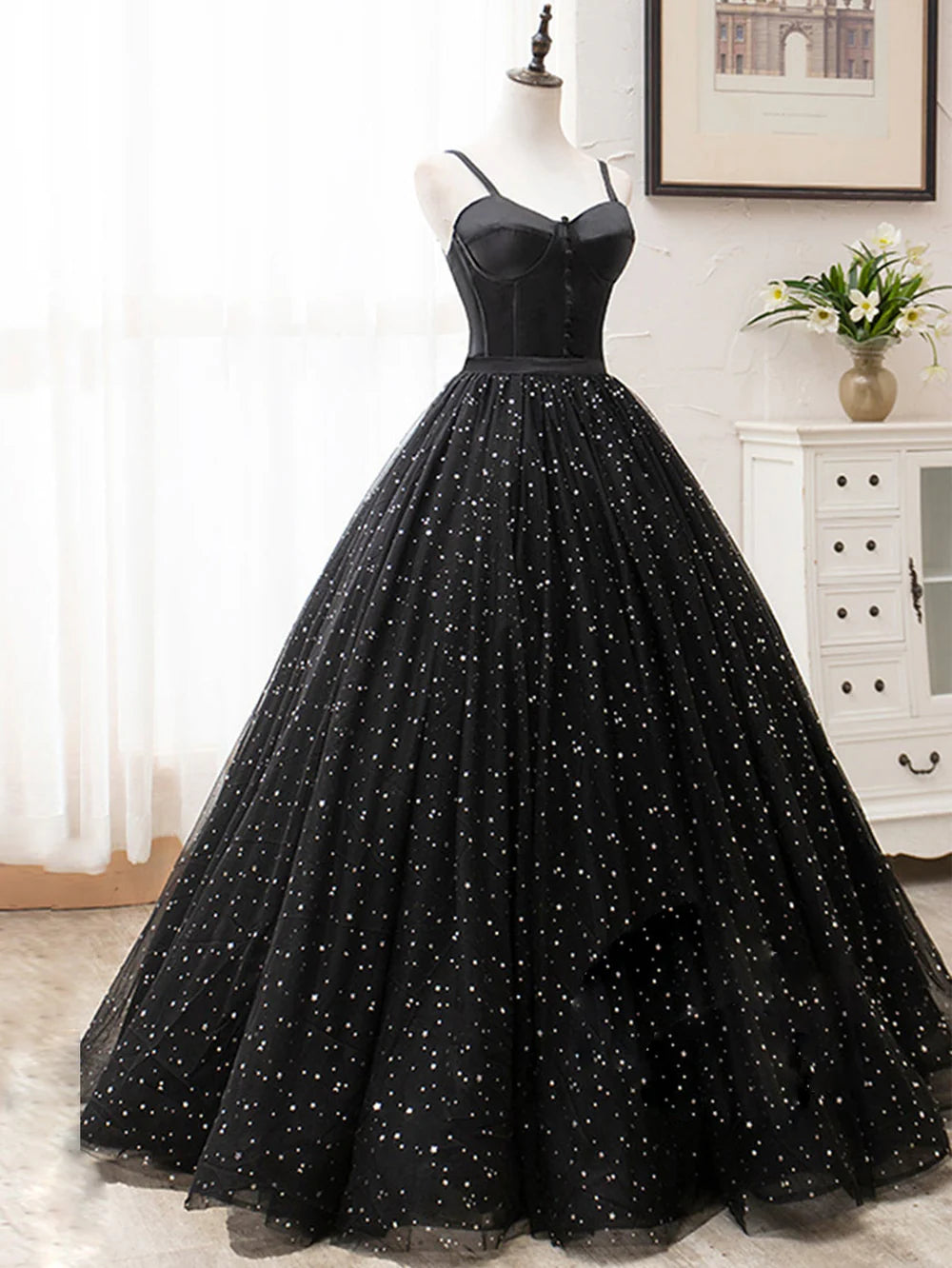 Langes Ballkleid mit Glitzer in A-Linie und V-Ausschnitt