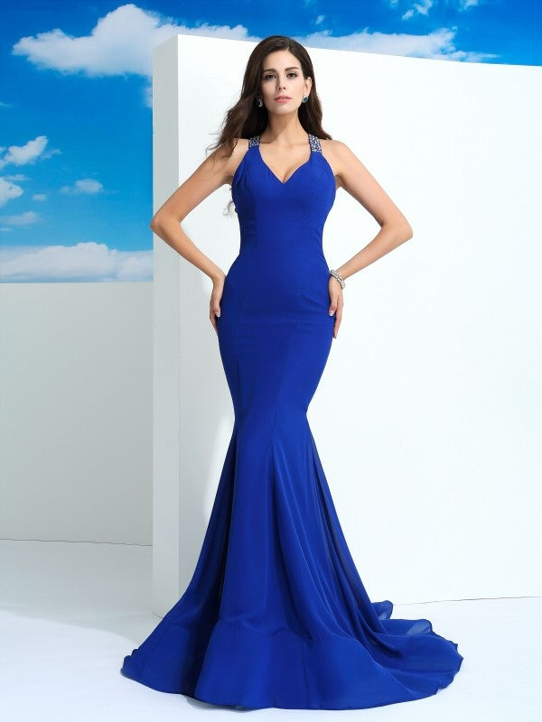 Sheath/Column Straps Beading Sleeveless Long Chiffon Dresses