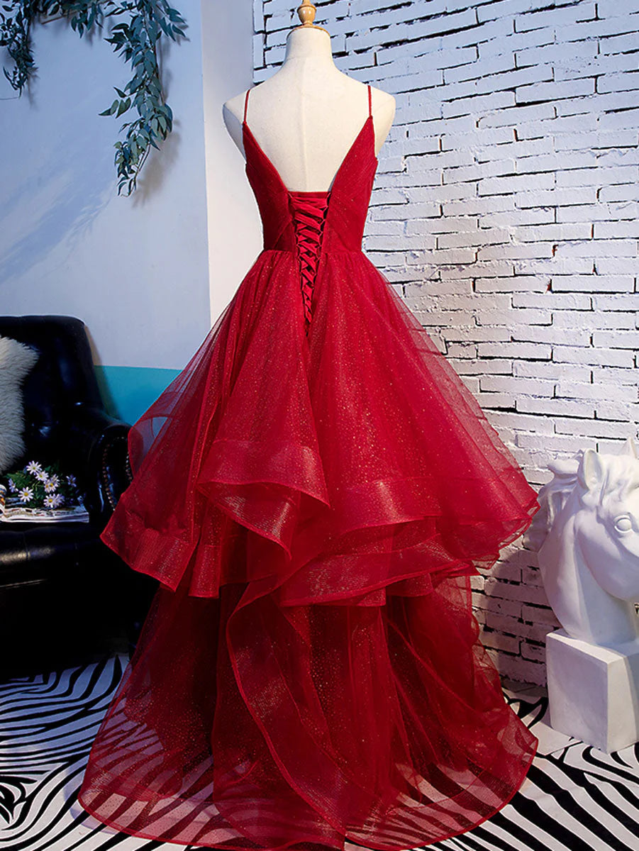 A line Ruffles Spaghetti Straps V Neck Prom Dresses Backless Long Evening Dresses