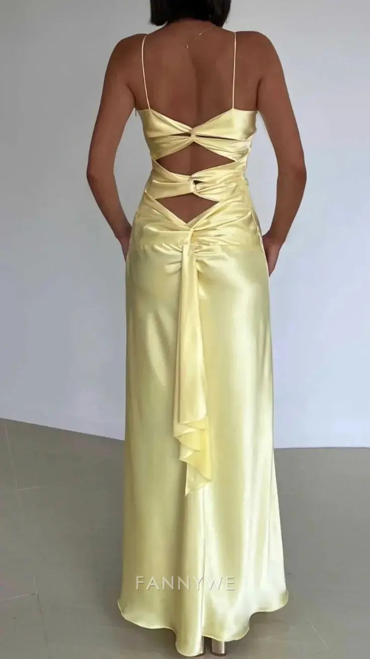 Mermaid V-neck Spaghetti Straps Elegant Long Satin Back lace-up Yellow formal dresses Bridesmaid Dresses evening gown Prom Dress