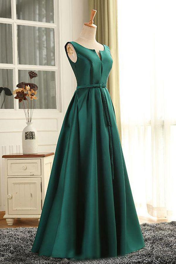 Vestido de fiesta largo de satén con escote redondo