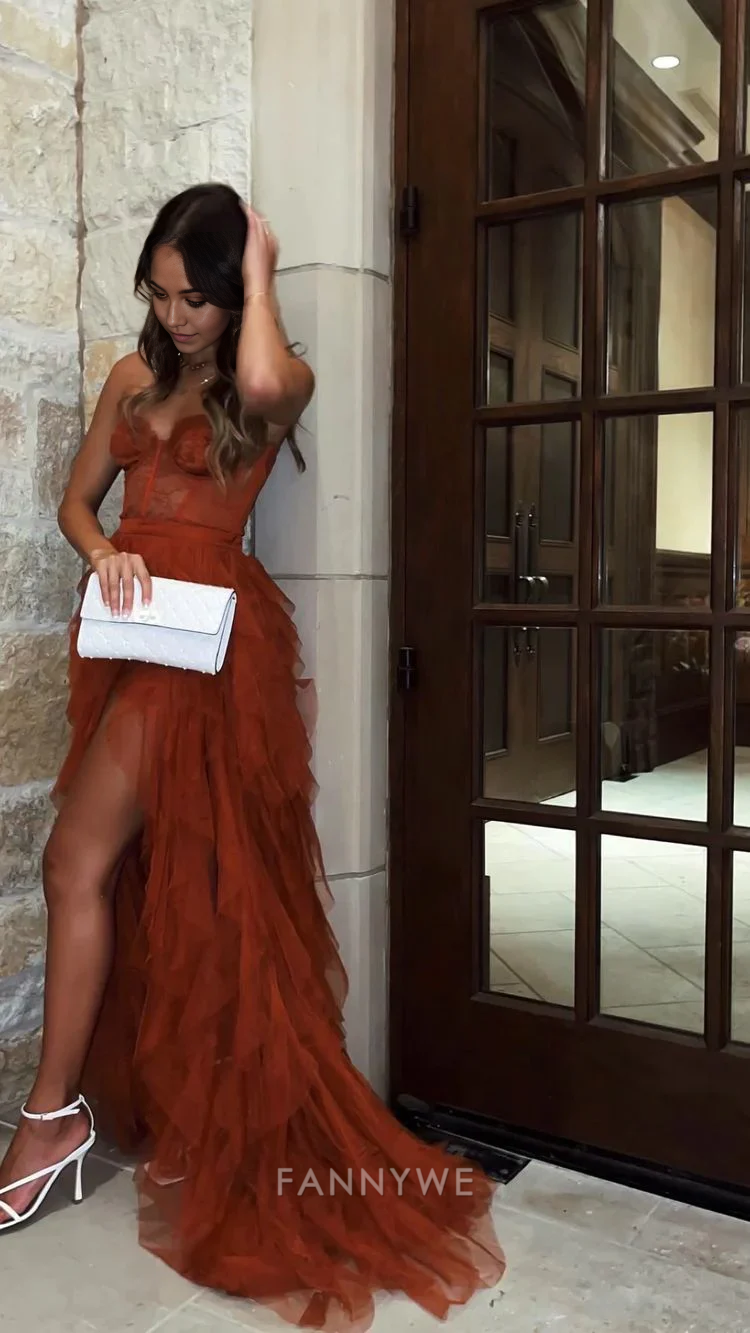 Vestido formal de corte A con escote en forma de corazón, alto y bajo, en color rojo óxido, para dama de honor, de noche y fiesta.