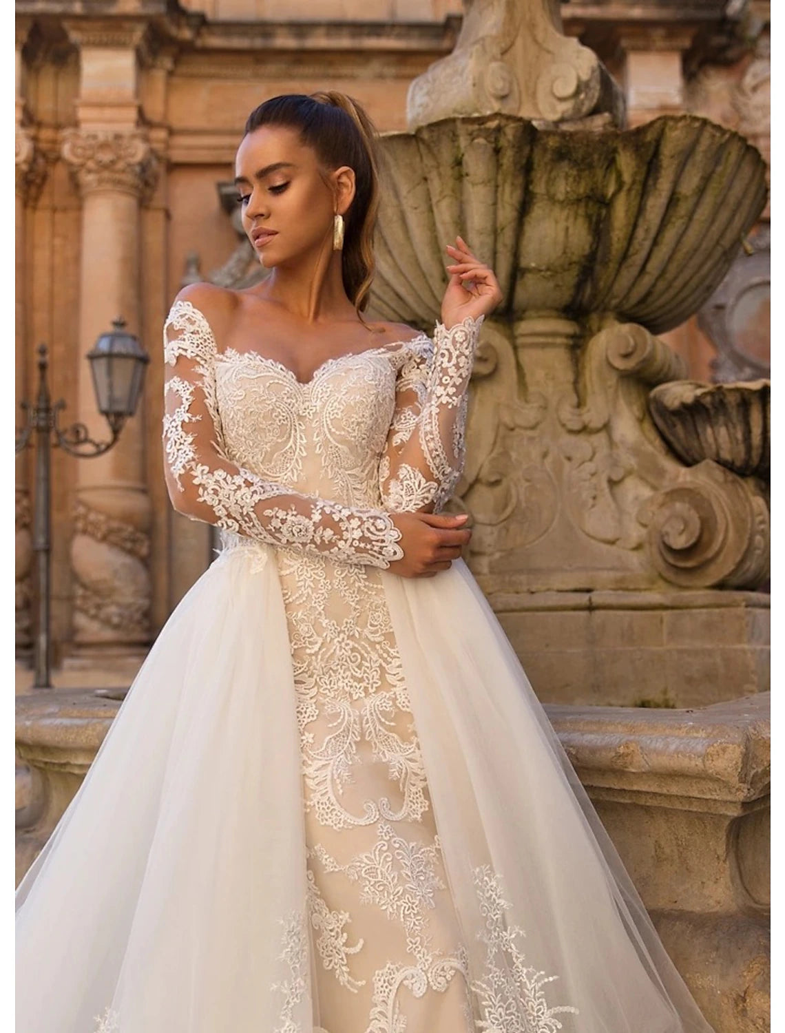 Engagement Formal Wedding Dresses Two Piece Sweetheart Long Sleeve Court Train Lace Bridal Gowns With Appliques