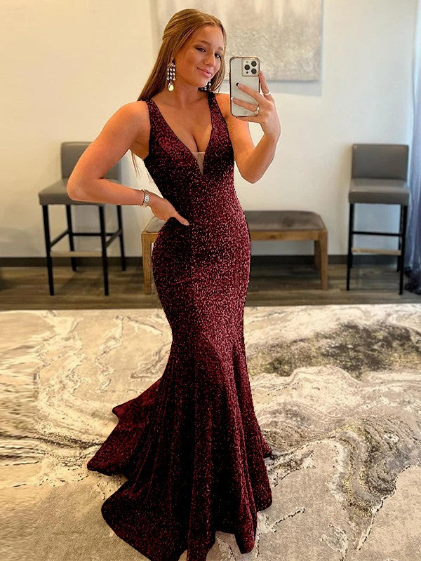 Sheath/Column Velvet Sequins Ruffles V-neck Sleeveless Sweep/Brush Train Dresses