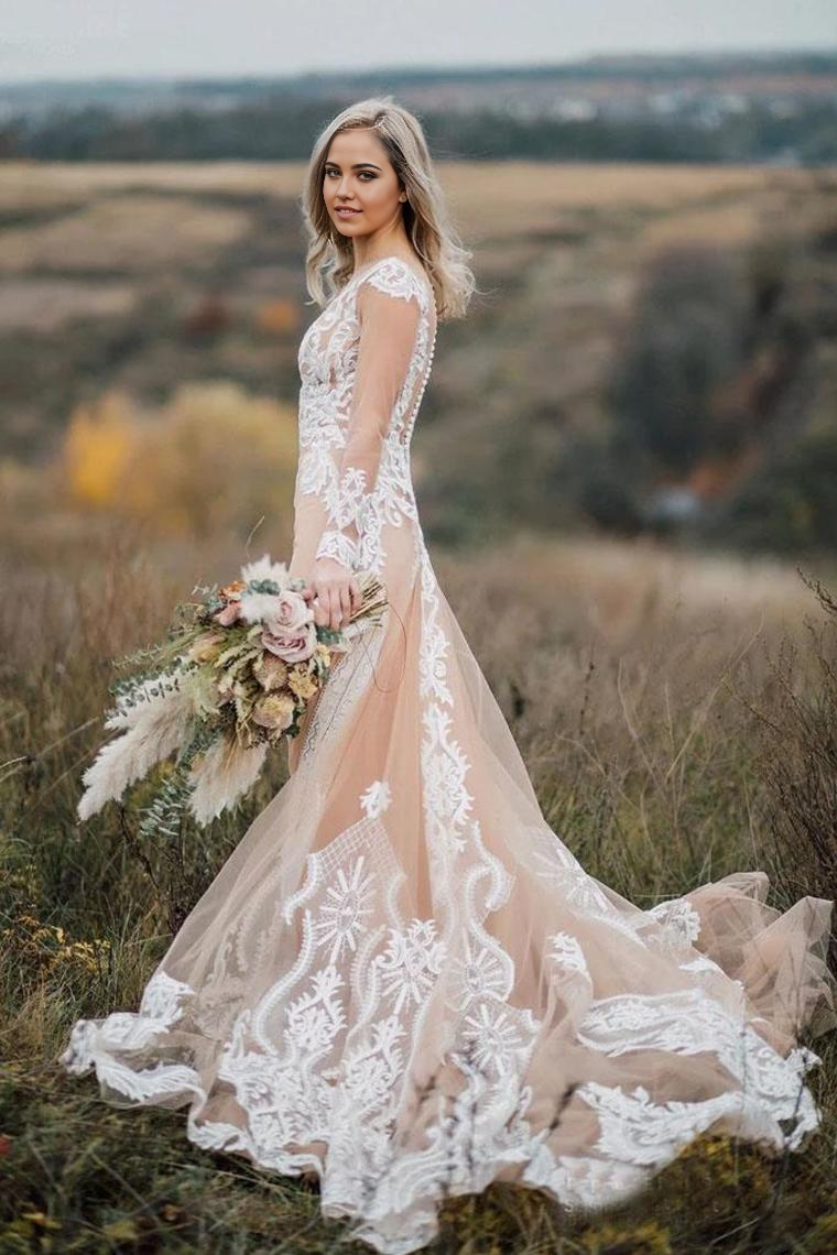 Boho Mermaid V-Neck Long Sleeves Appliques Ball Gown Bride Dresses Wedding Dress