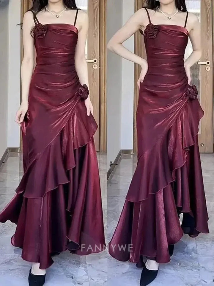 A-Linie Spaghettiträger Chiffon Burgund Lange Abendkleider Brautjungfernkleider Abendkleid Ballkleid