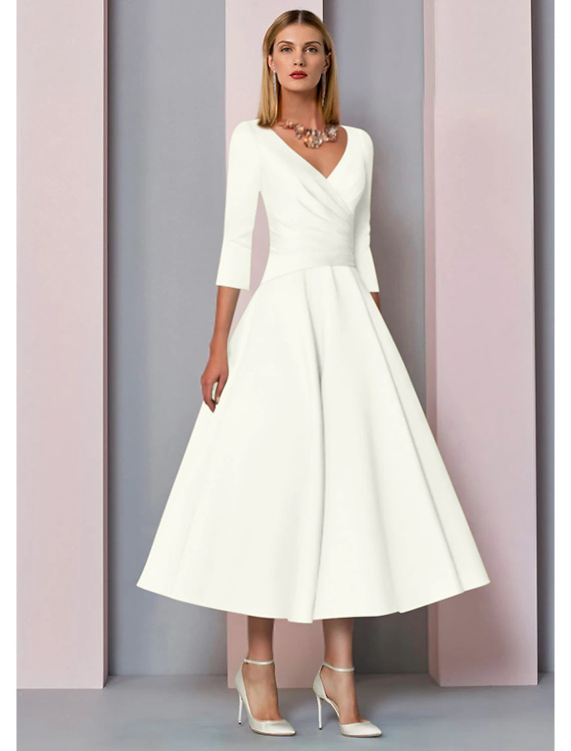 A-Line Mother of the Bride Dress Wedding Guest Vintage Plus Size Elegant V Neck Tea Length Satin 3/4 Length Sleeve with Pleats