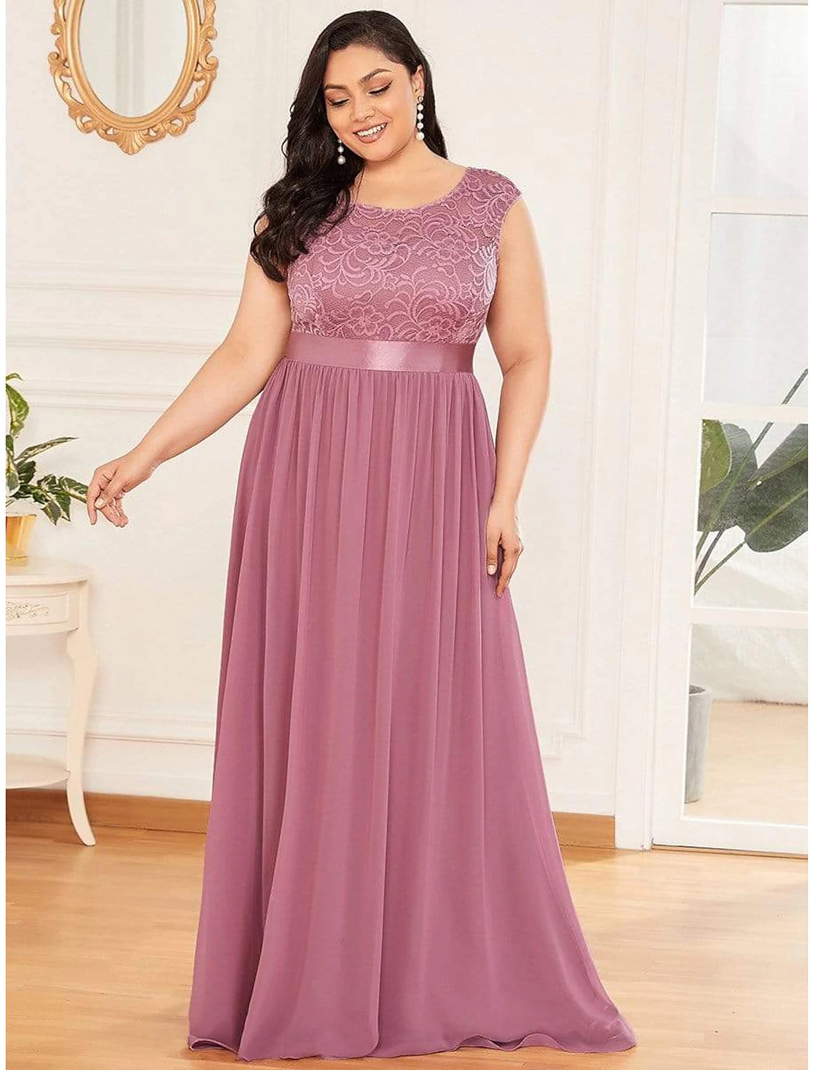 A-Line Evening Gown Empire Dress Party Wear Floor Length Short Sleeve Jewel Neck Chiffon with Embroidery