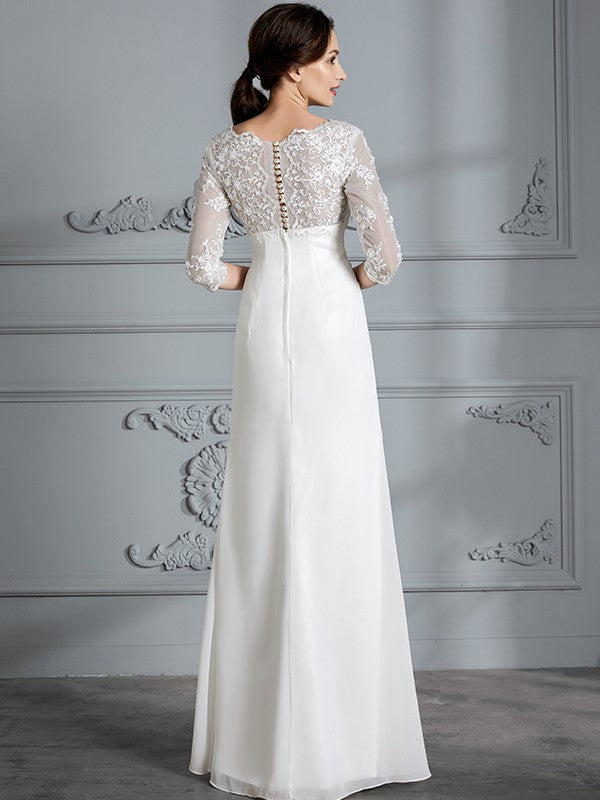 Vestidos de novia de gasa con escote en V, mangas 3/4 y corte tubo hasta el suelo