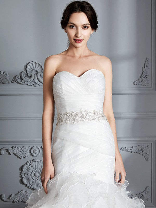 Trumpet/Mermaid Sweetheart Sleeveless Ruffle Sweep/Brush Train Satin Wedding Dresses