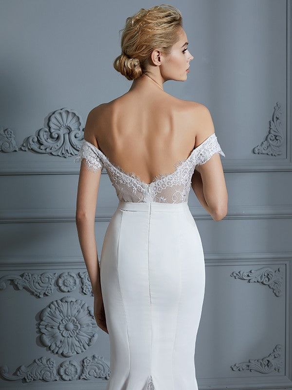 Trumpet/Mermaid Off-the-Shoulder Sleeveless Lace Chiffon Sweep/Brush Train Wedding Dresses