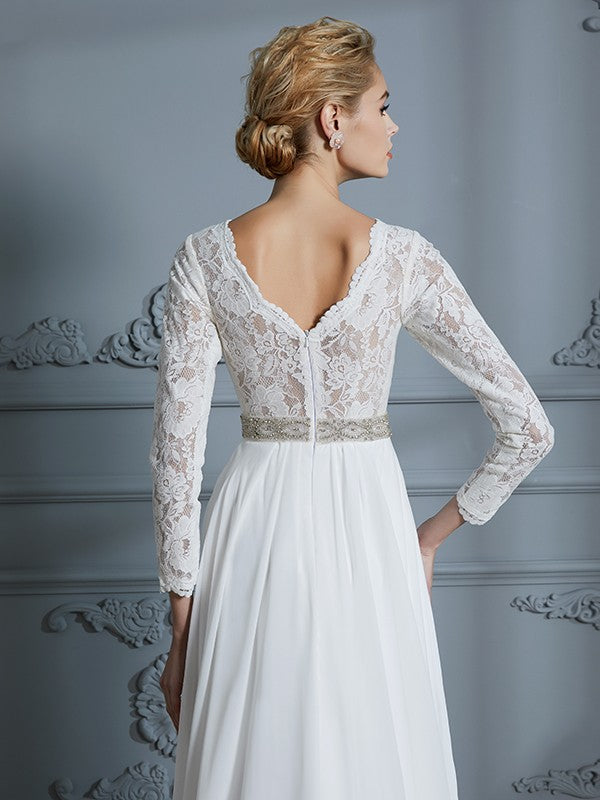 A-Linie/Princess-Linie 3/4 Ärmel V-Ausschnitt Spitze Sweep/Pinsel zug Chiffon Brautkleider