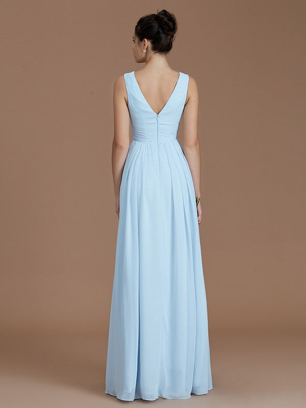 A-Linie V-Ausschnitt Ärmellos Mit Rüschen Bodenlang Chiffon Brautjungfernkleider