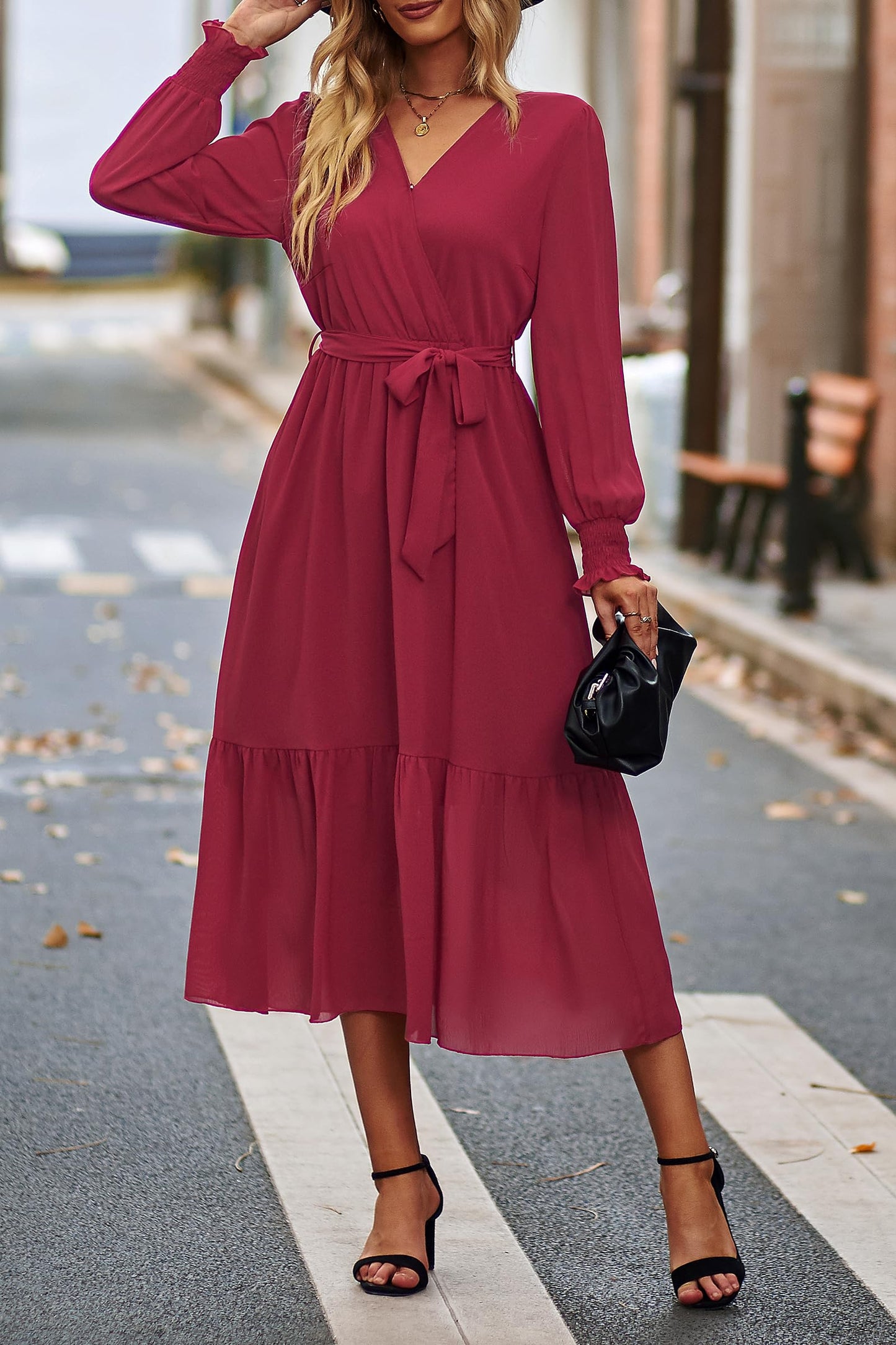 A-Linie V-Ausschnitt Langarm Wickelkleid Rüschen Gürtel Abendkleider Brautjungfernkleider Abendkleid Ballkleid