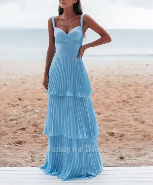 A-line Charming Backless Tiered Blue formal dresses Bridesmaid Dresses evening gown Prom Dress