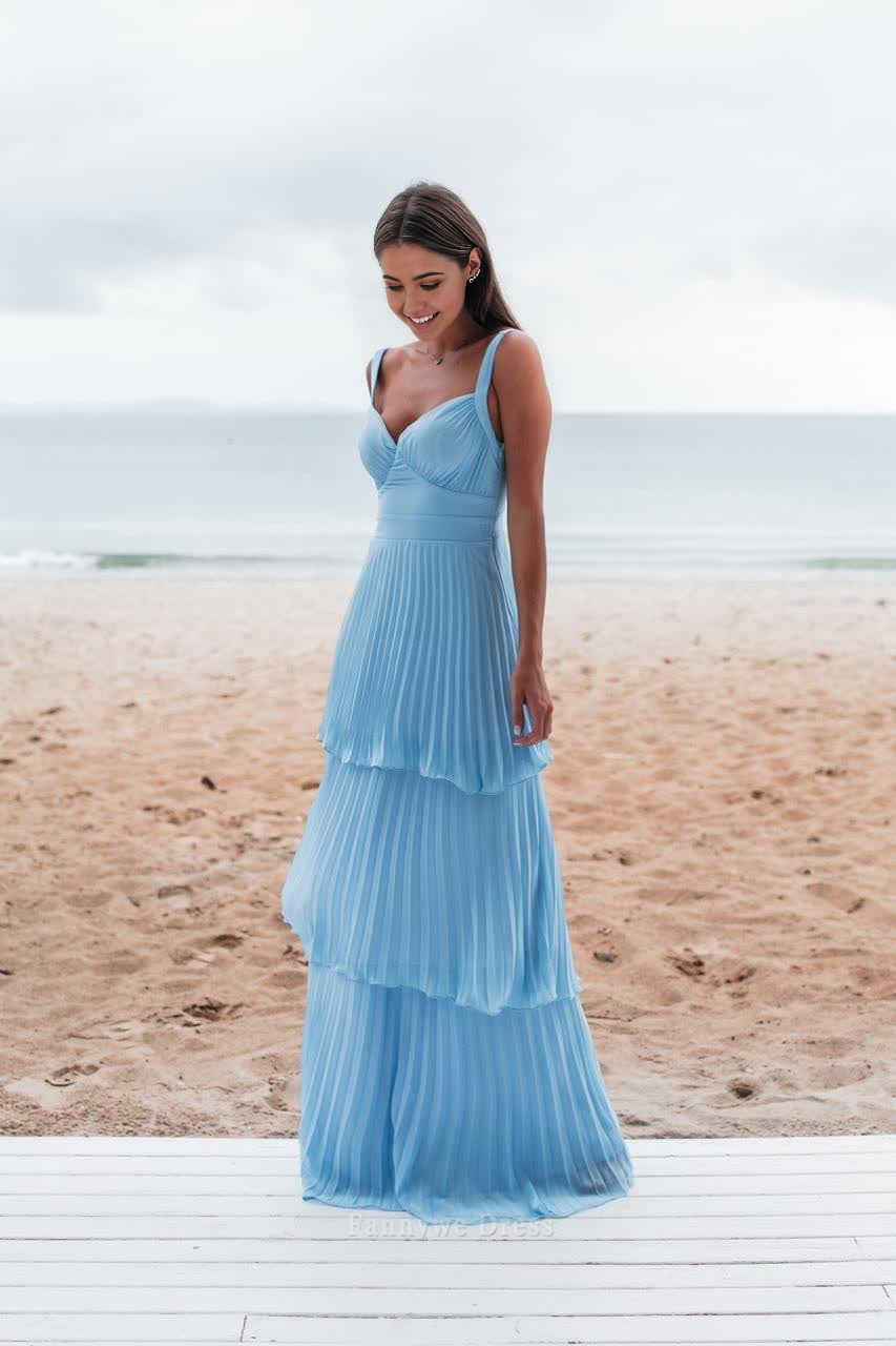 A-line Charming Backless Tiered Blue formal dresses Bridesmaid Dresses evening gown Prom Dress