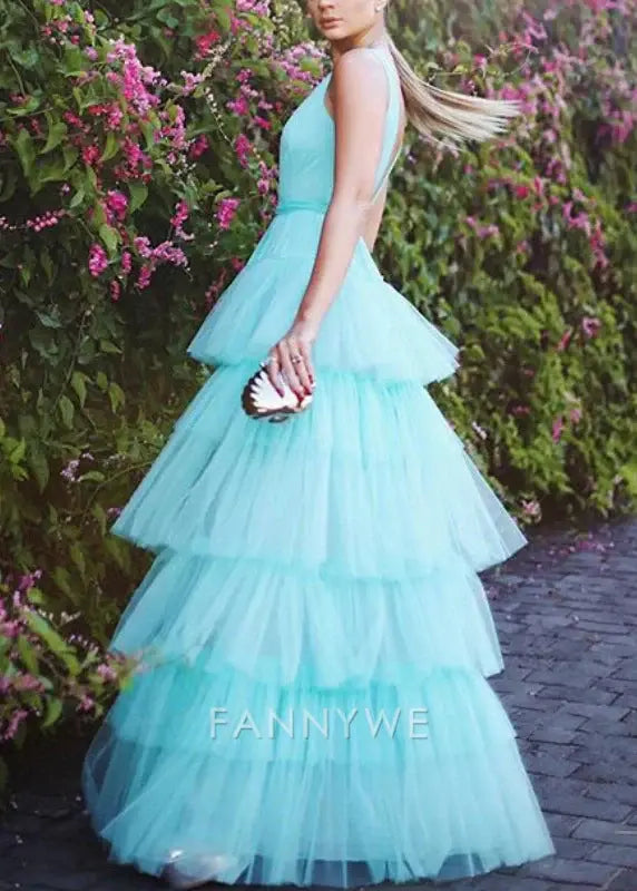 A-line V-neck elegant long floor-length tulle formal dresses Bridesmaid Dresses evening gown Prom Dress