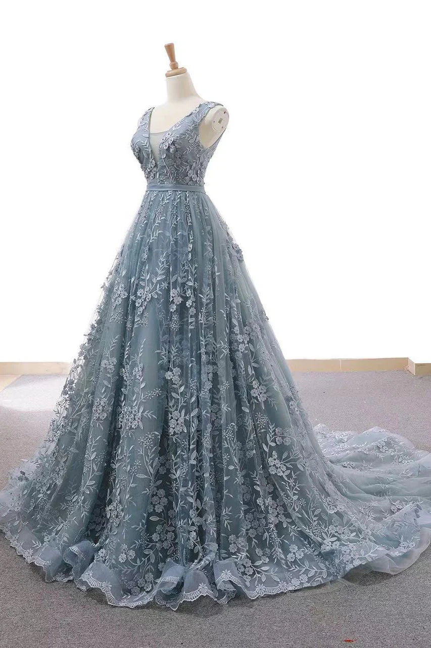 Tulle lace long prom dress
