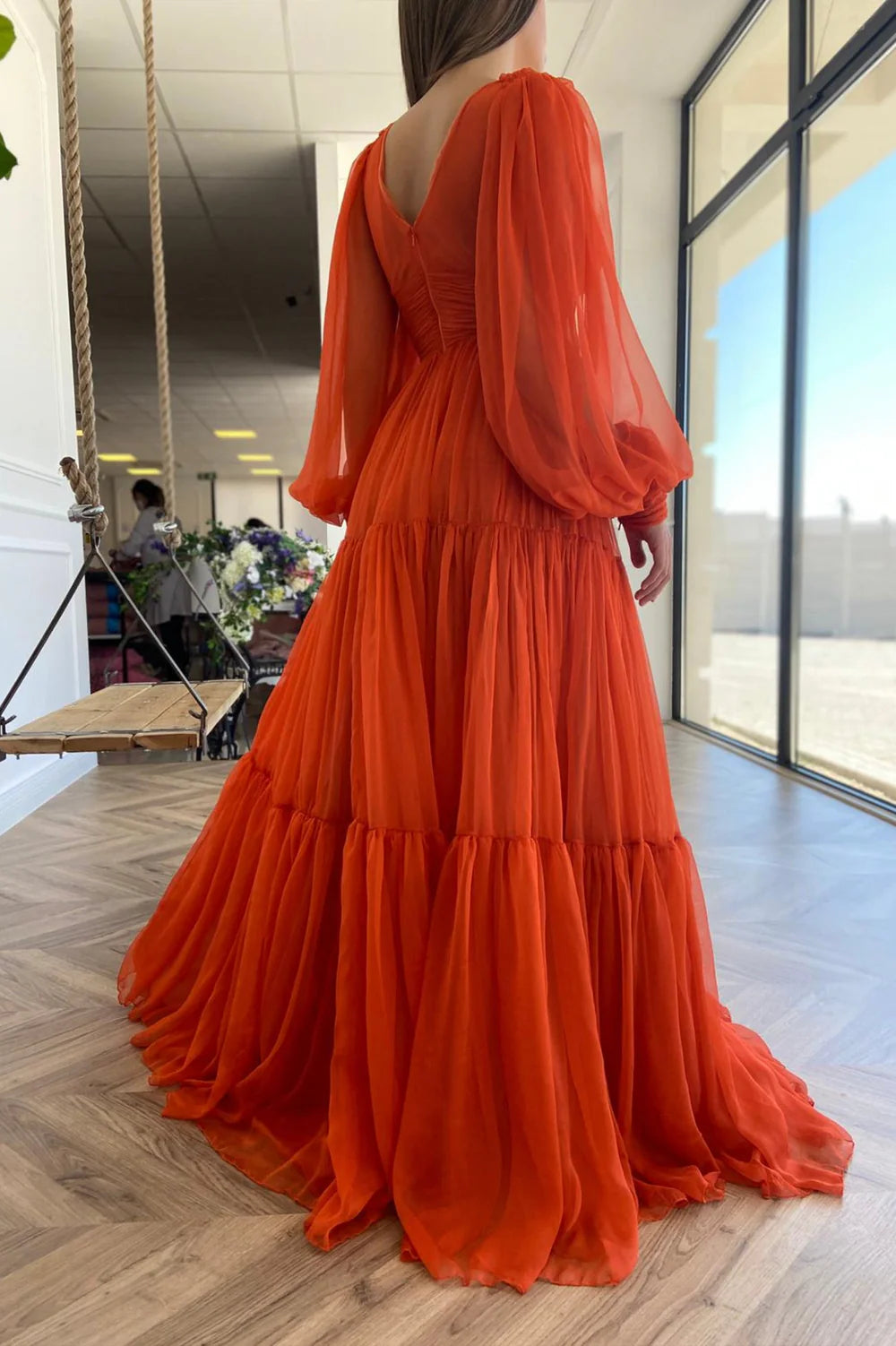 A-line Chiffon Floor Length Long Sleeve Evening Party Dress Prom Dress