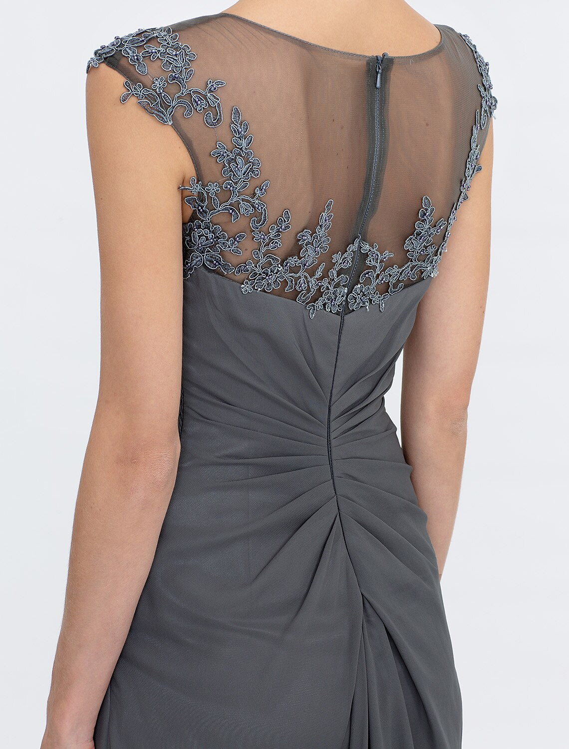 A-Line Mother of the Bride Dress Elegant See Through Bateau Neck Floor Length Chiffon Lace Sleeveless with Side Draping