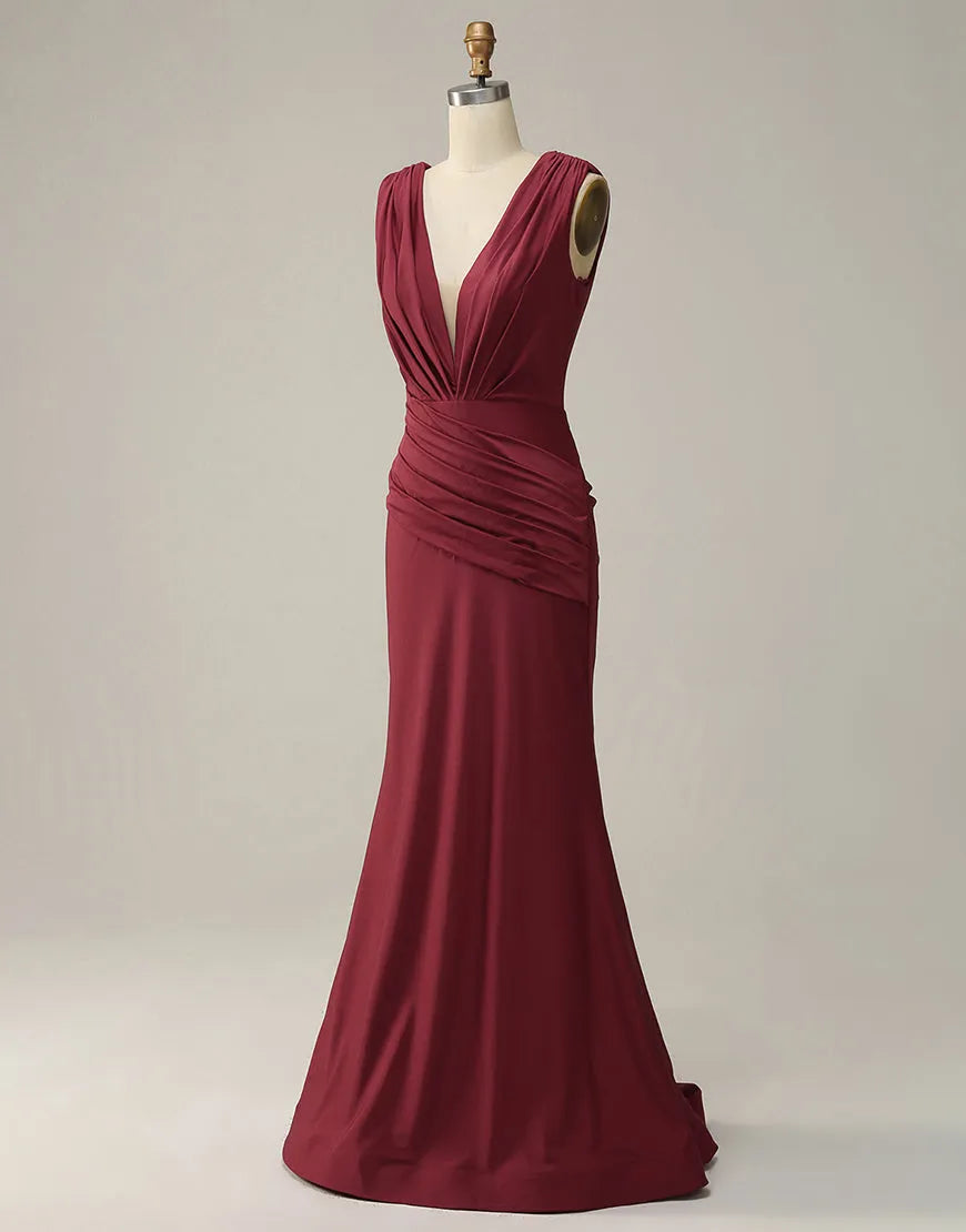 Meerjungfrau-Ballkleid mit V-Ausschnitt, lang, glitzernd und plissiert