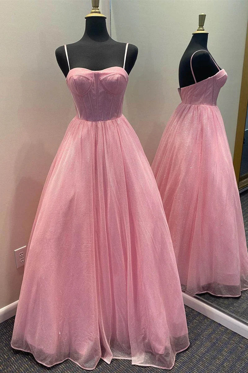 A-Line Straps Long Formal Prom Dresses