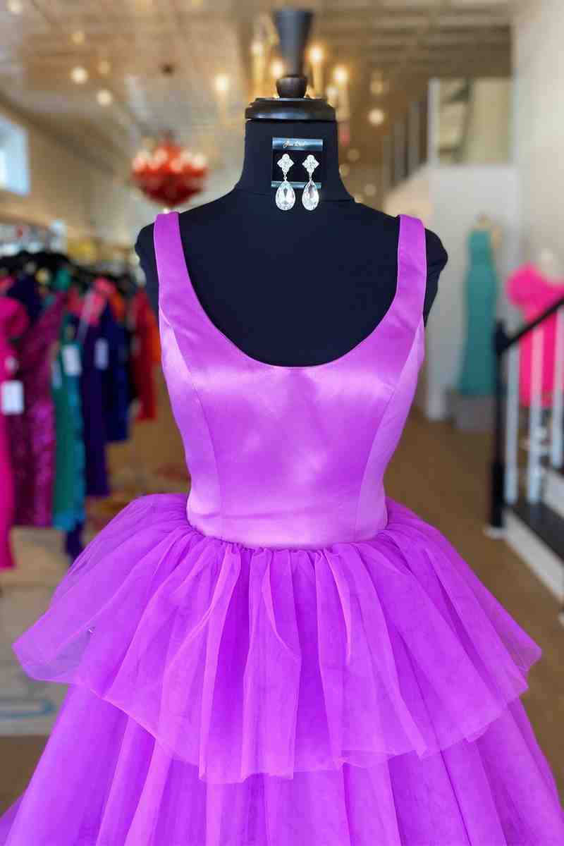 A-Line Crew Neck Tiered Tulle Long Formal Dress