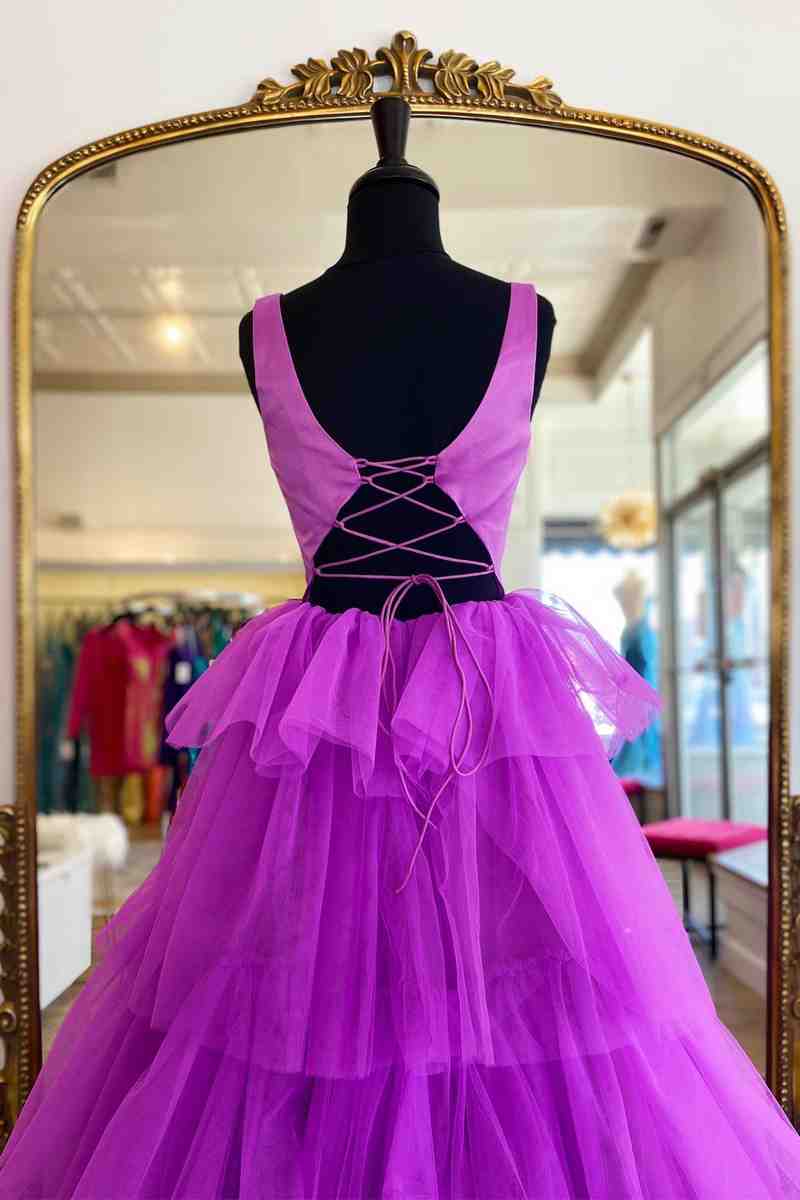 A-Line Crew Neck Tiered Tulle Long Formal Dress