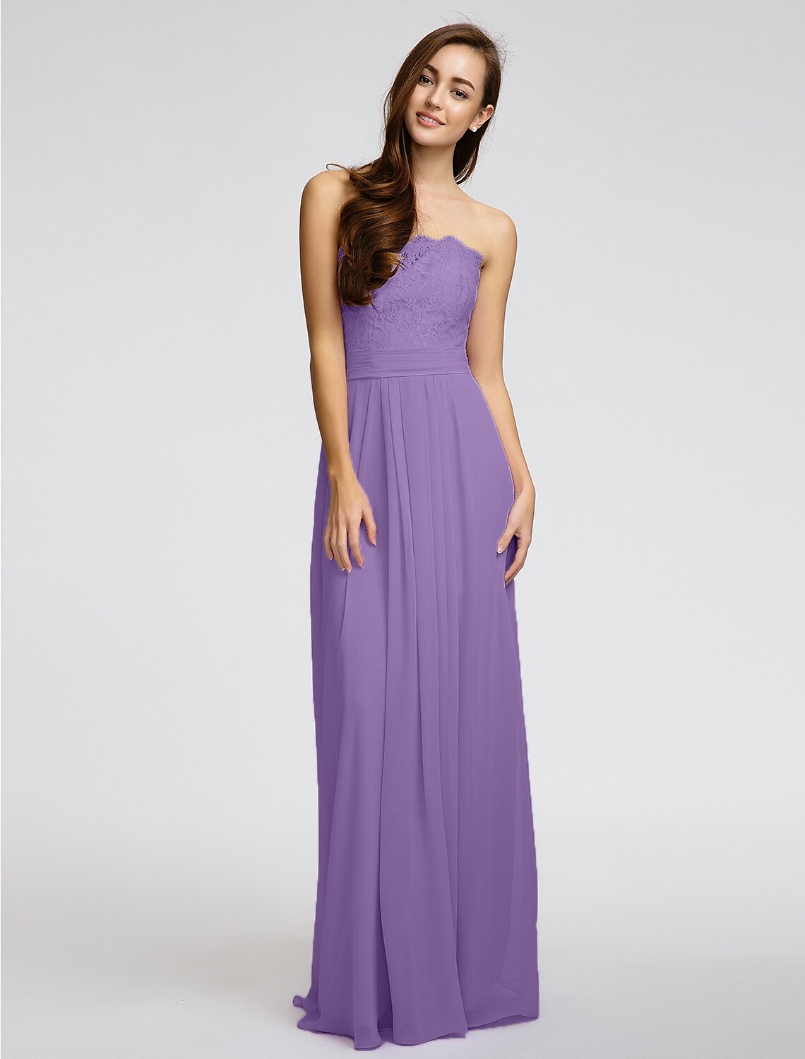 Vestido de dama de honor de gasa/encaje, largo hasta el suelo, sin tirantes, con faja, cinta y pliegues, de muestra de producto