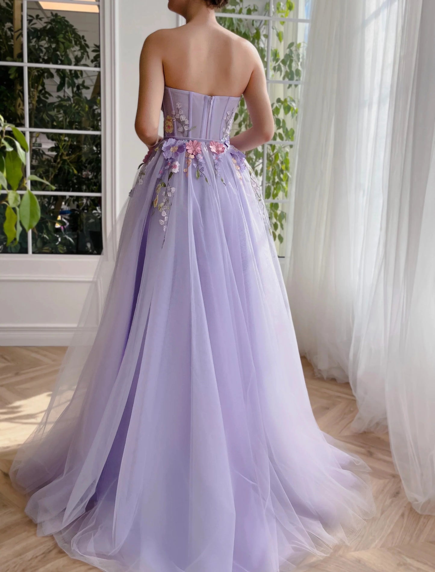 A Line Tulle Long Evening Dresses Prom Dresses With 3D Flower