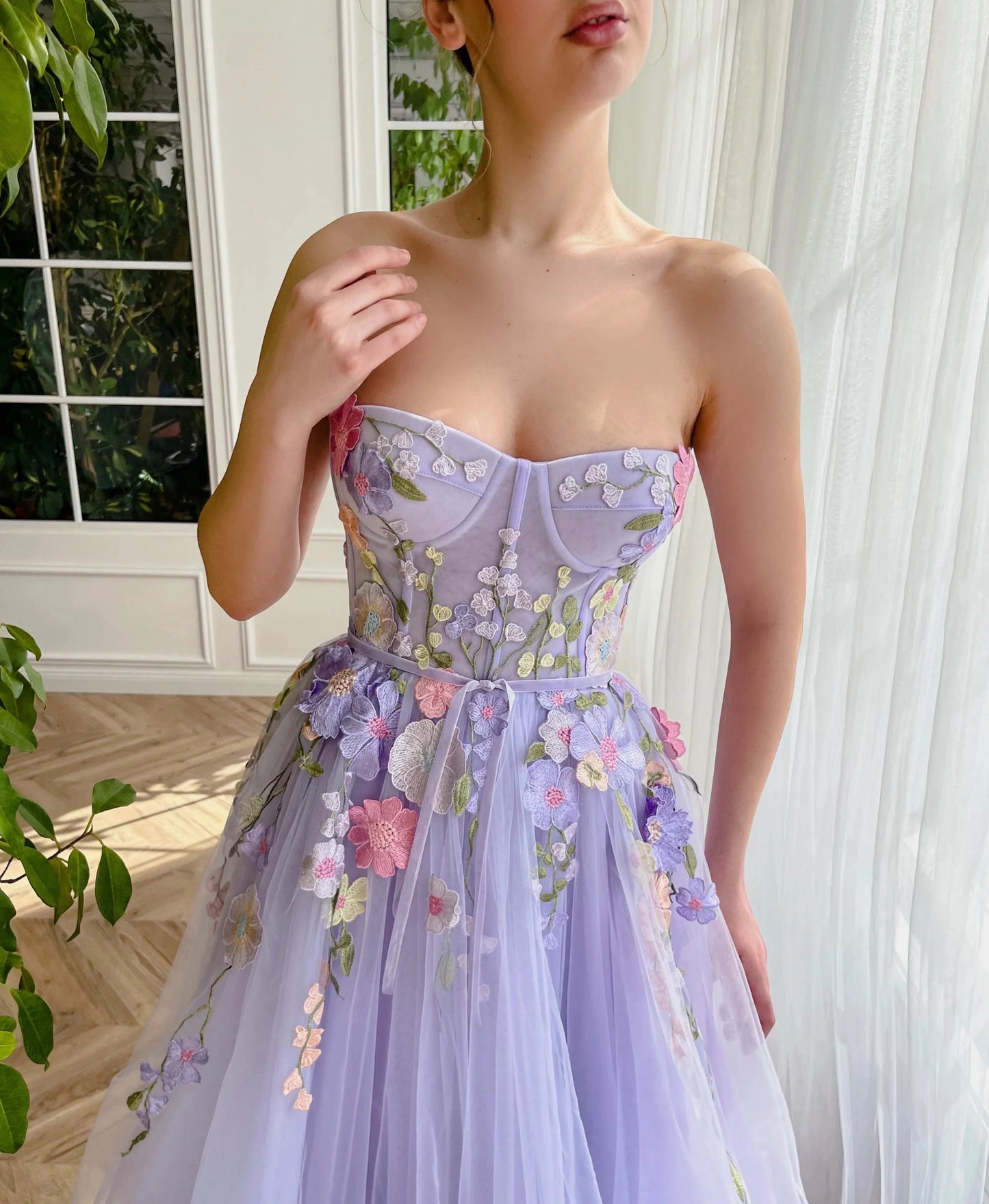 A Line Tulle Long Evening Dresses Prom Dresses With 3D Flower
