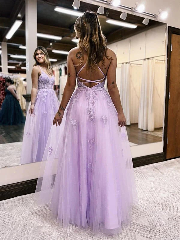 A Line Tulle Lace Appliques V Neck Prom Dresses Evening Dresses