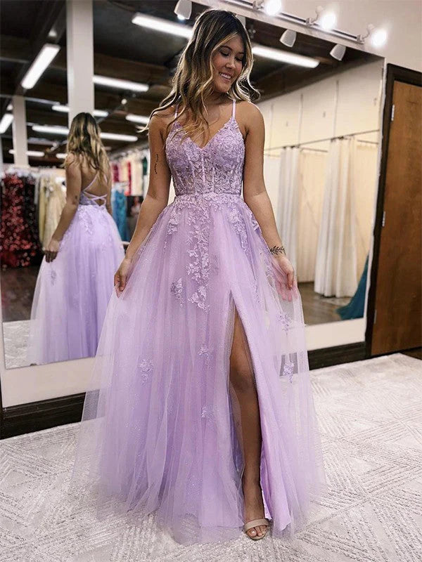 A Line Tulle Lace Appliques V Neck Prom Dresses Evening Dresses