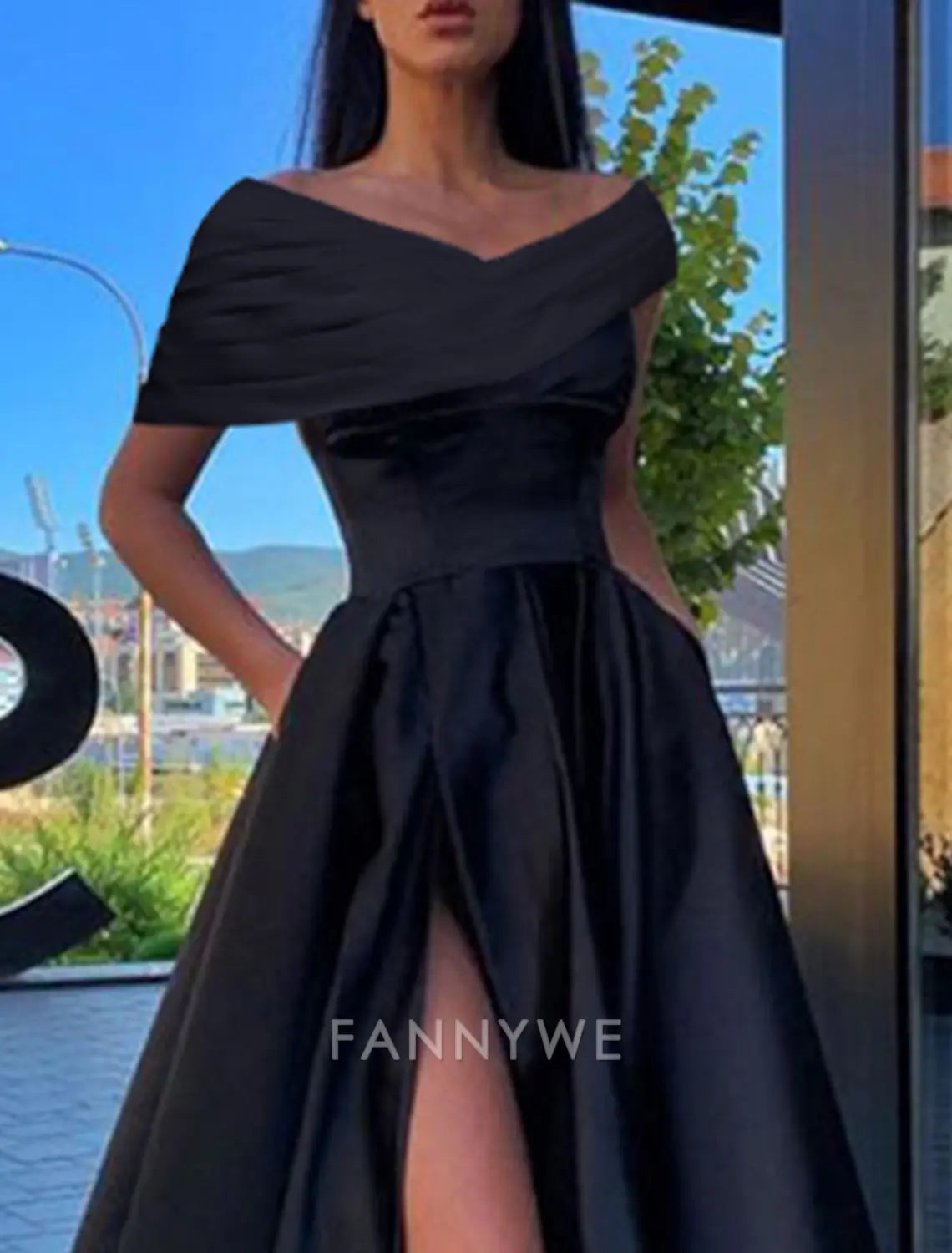 FannyWe Simple A-Line Prom Dresses Black Dress Dress Formal Wedding Guest Floor Length Short Sleeve Off Shoulder Satin with Ruched Slit