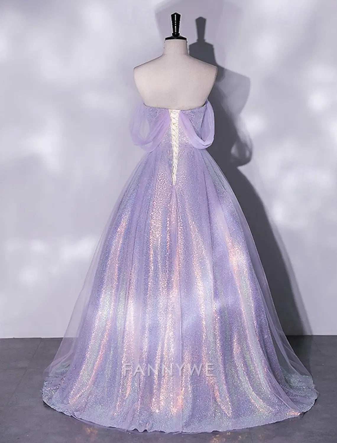 FannyWe Simple A-Line Prom Dresses Elegant Dress Formal Masquerade Floor Length Short Sleeve Square Neck Tulle with Glitter